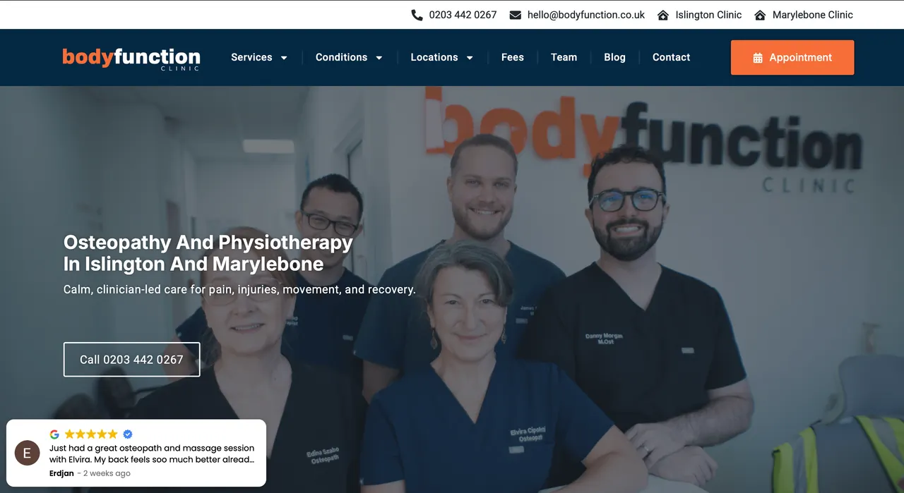 Bodyfunction Clinic website screenshot